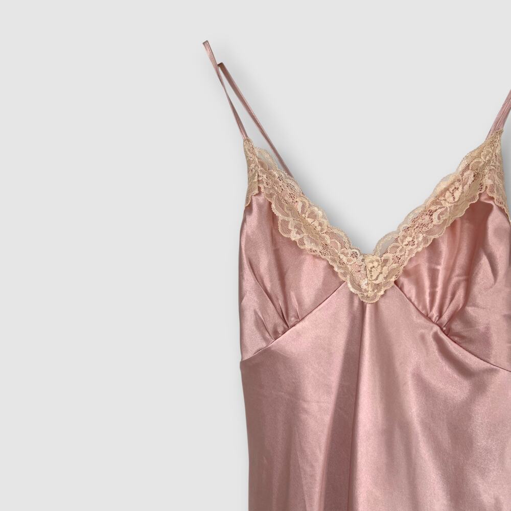 Y2K Pink Satin Lace Trim Slip Mini Dress Open Back Tie Coquette Size S - Picture 4 of 6